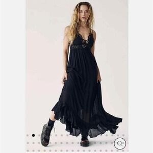 Free People Adella Maxi Slip Dress Black Lace Crochet Boho Festival